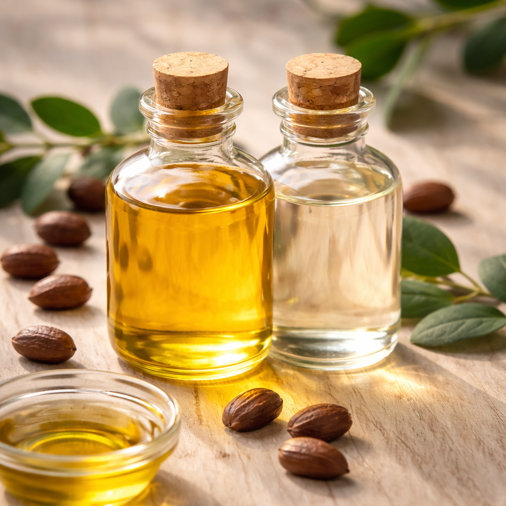 Two identical glass bottles filled with golden and clear jojoba oil sit on a light wooden surface, surrounded by natural jojoba seeds, highlighting the contrast between refined and unrefined jojoba oil in soft, natural light.