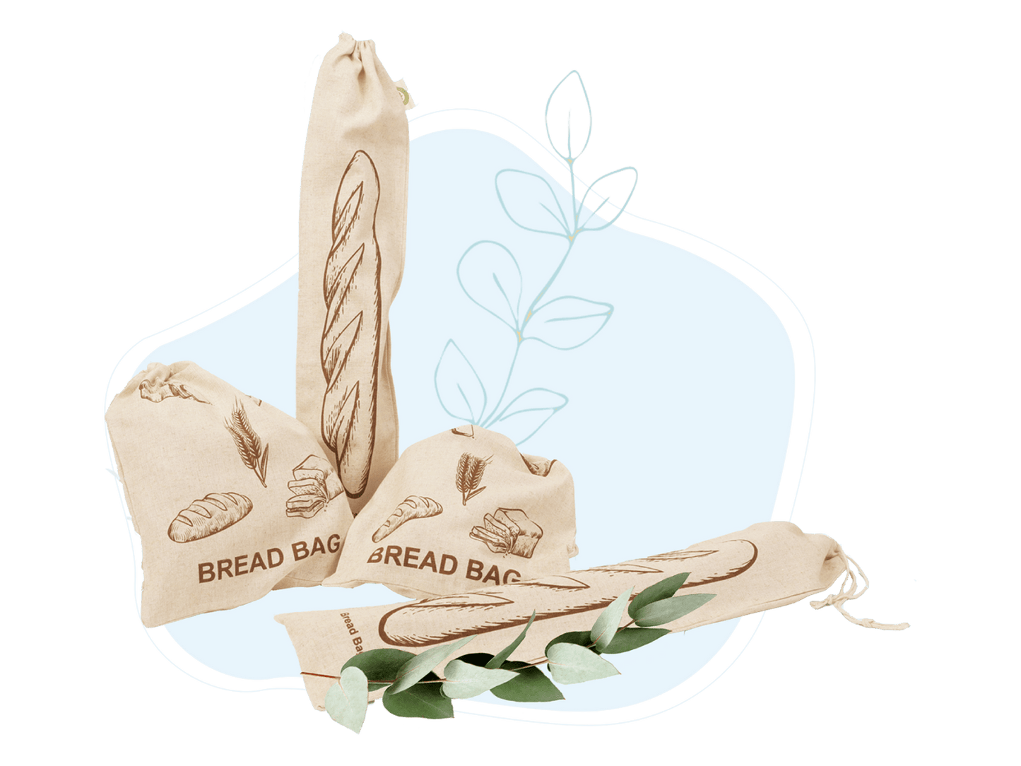 Set of beige bread bags with bread illustrations on a white background