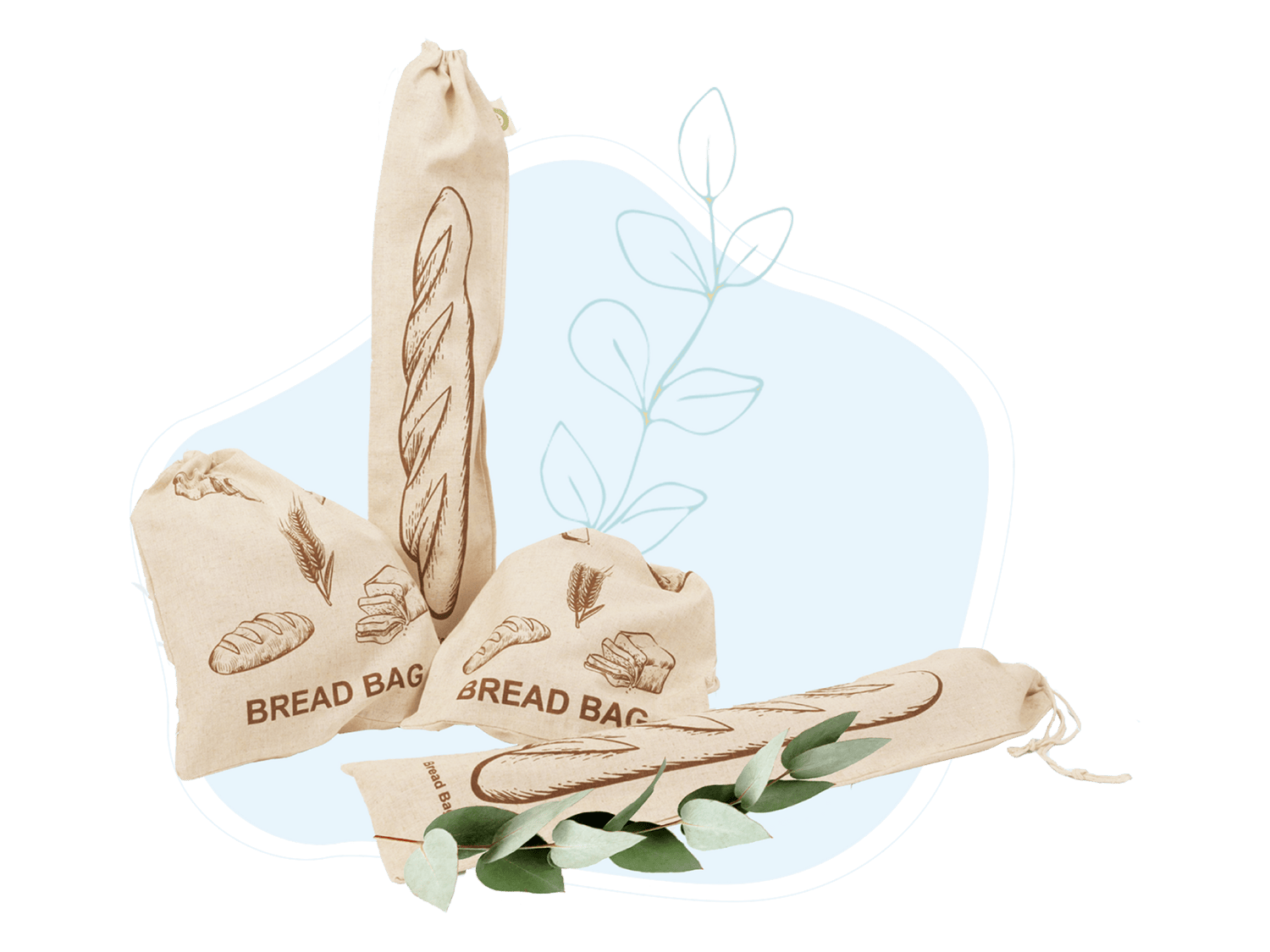 Set of beige bread bags with bread illustrations on a white background
