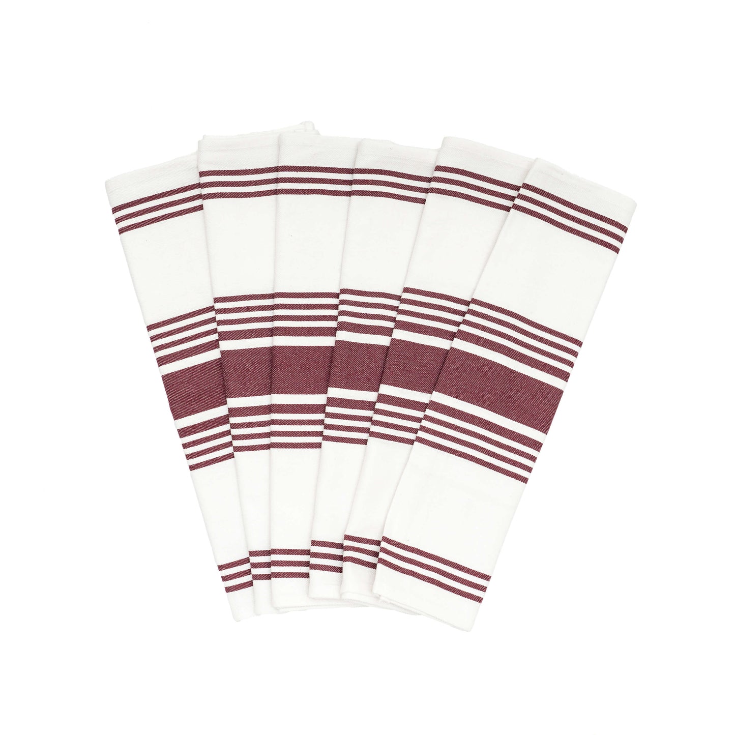 Set of six white napkins with red stripes on a white background