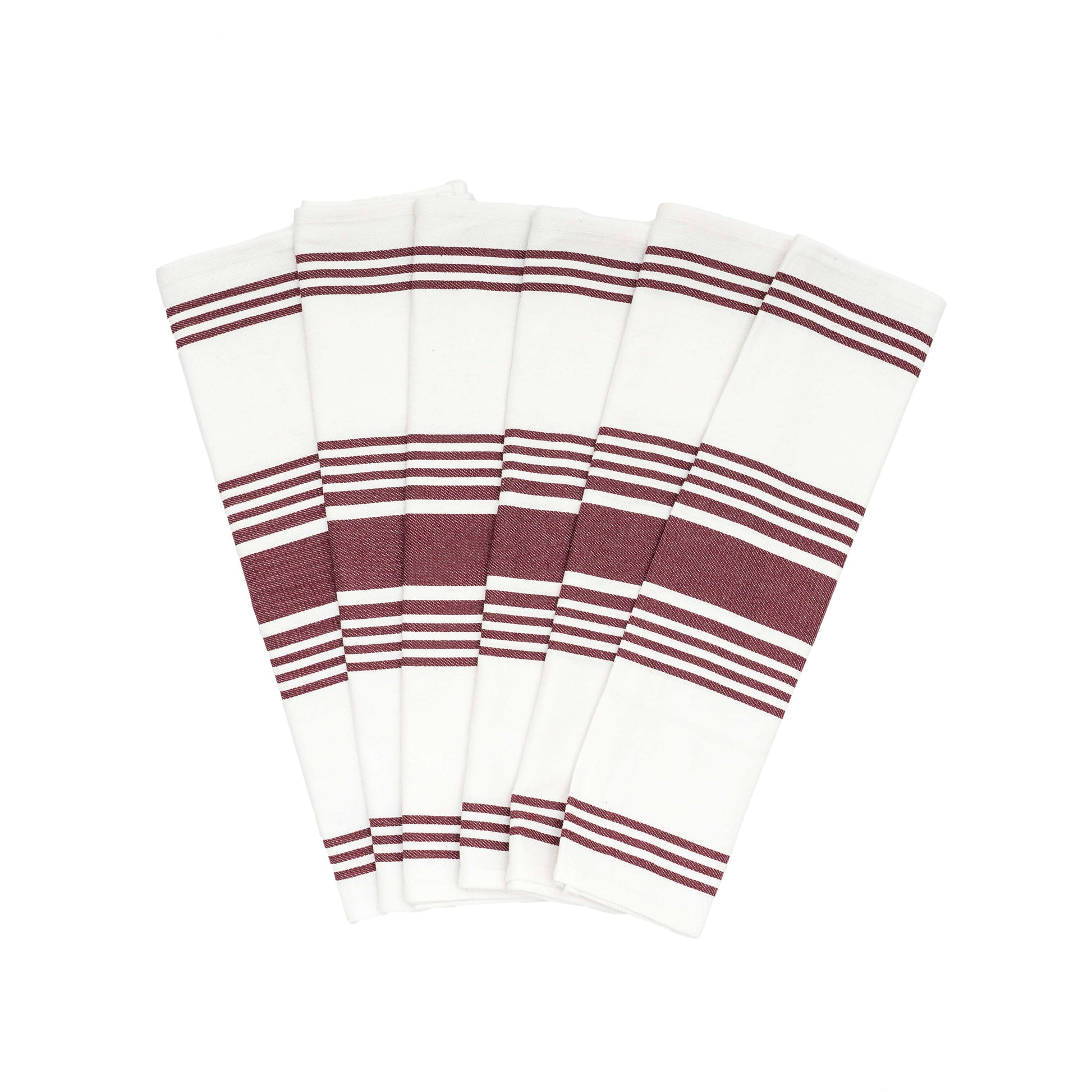 Set of six white napkins with red stripes on a white background
