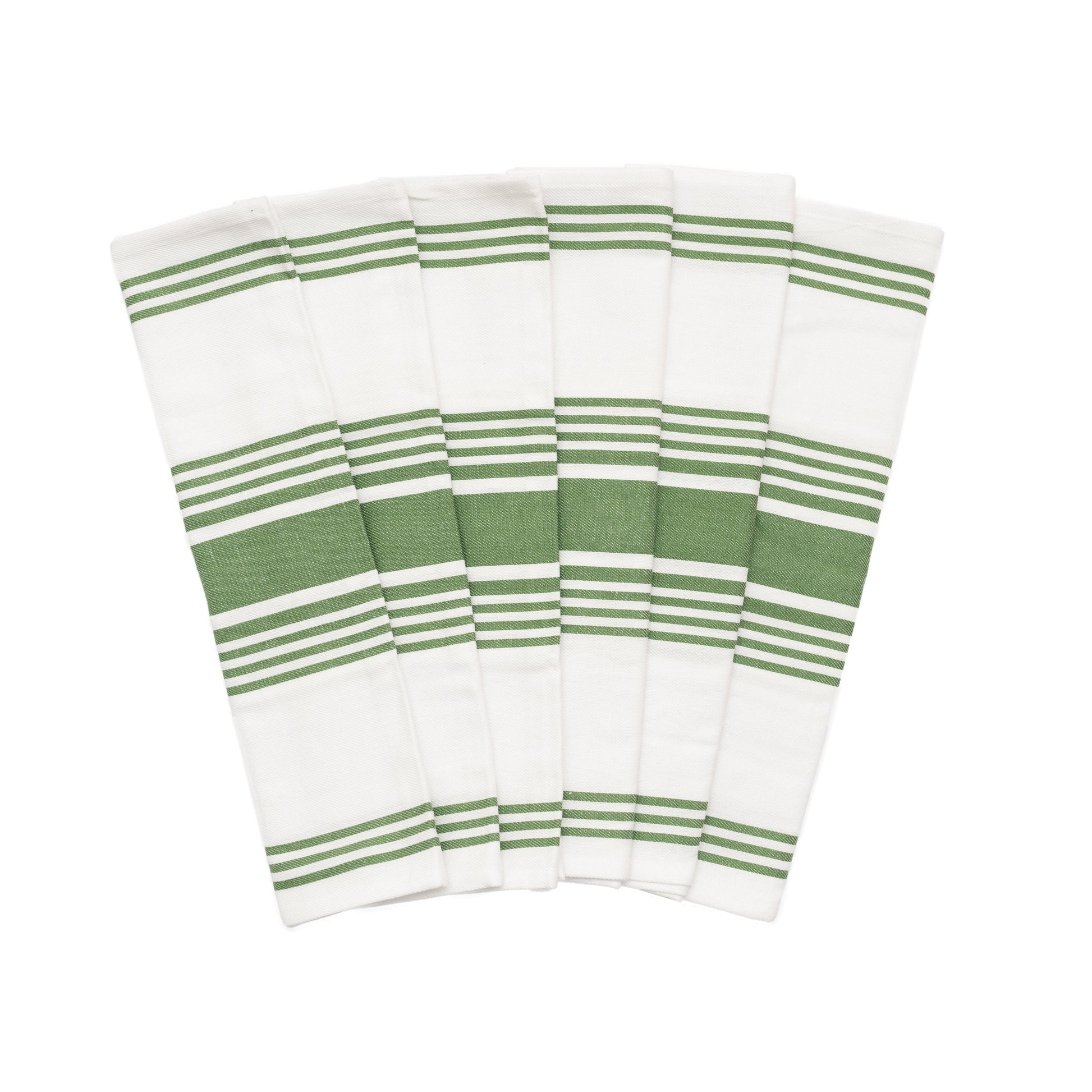 Set of six white napkins with green stripes on a white background