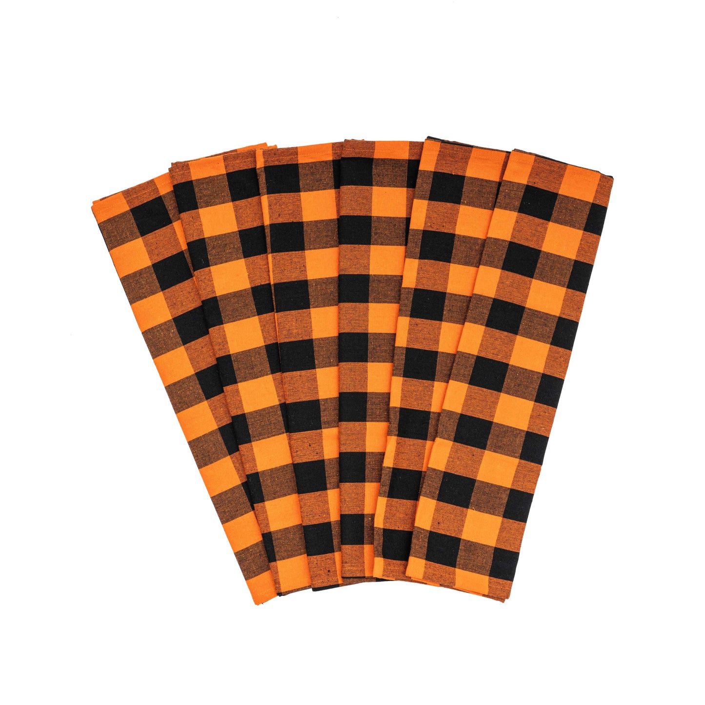 Six orange and black checkered napkins on a white background