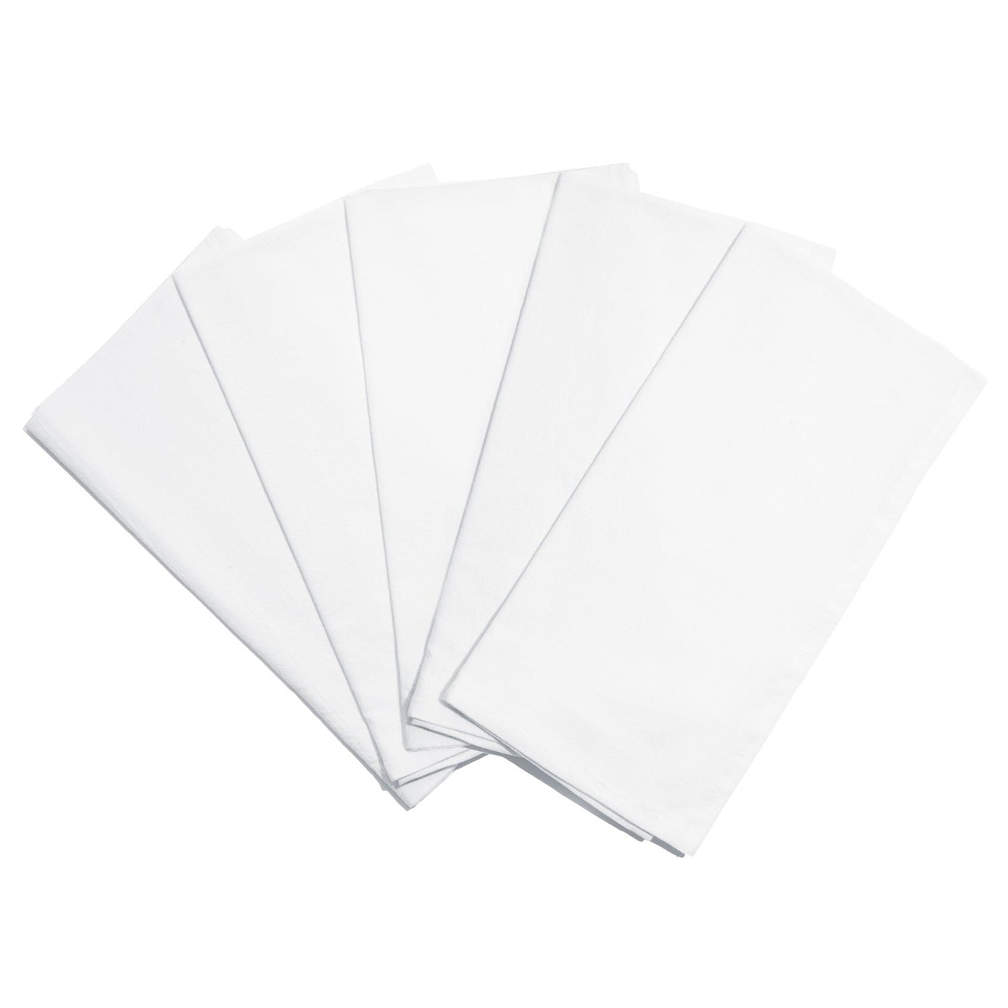 Five white sheets of paper stacked on a white background