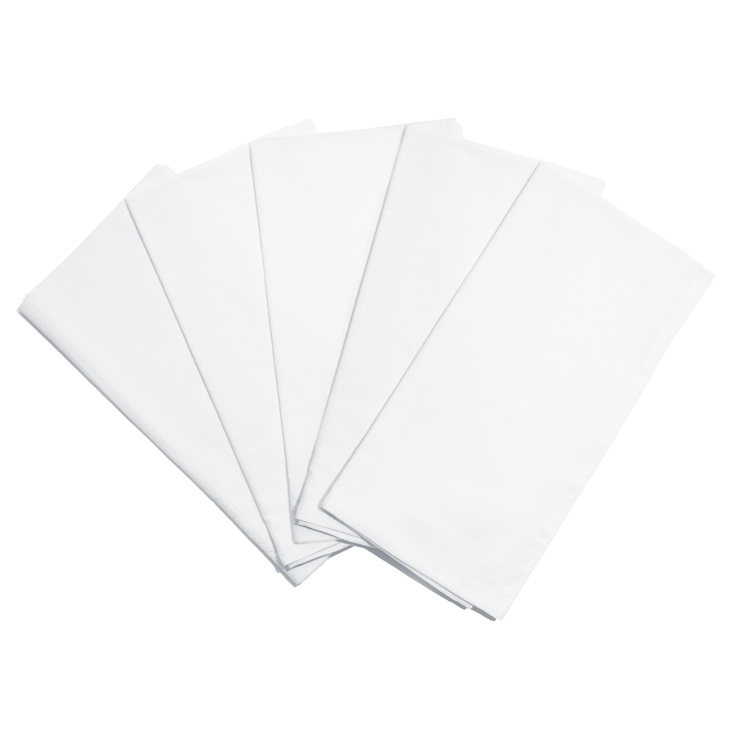 Five white sheets of paper stacked on a white background