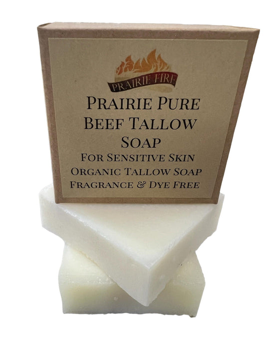 Prairie Pure Beef Tallow Soap with packaging on a white background