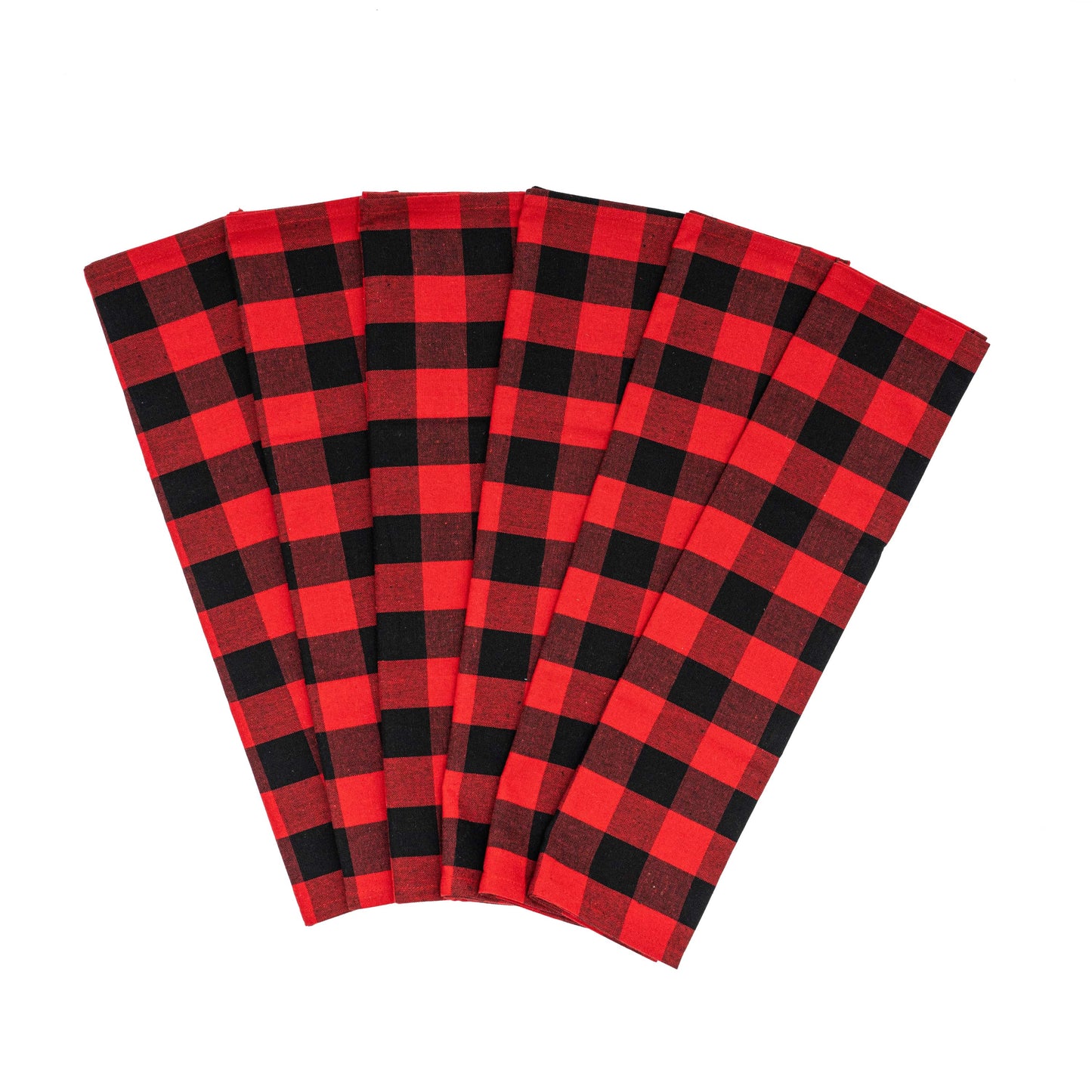 Six red and black checkered napkins on a white background
