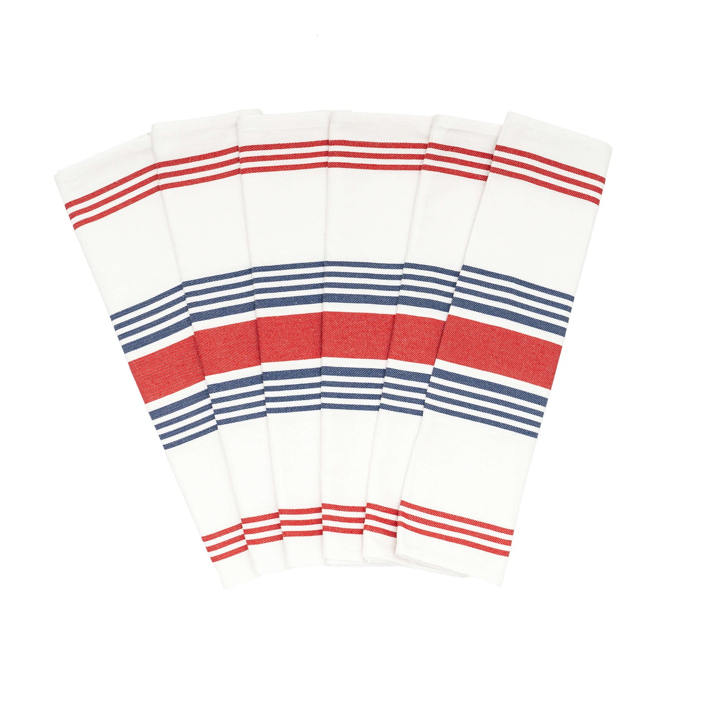 Set of six striped napkins with red and blue stripes on a white background