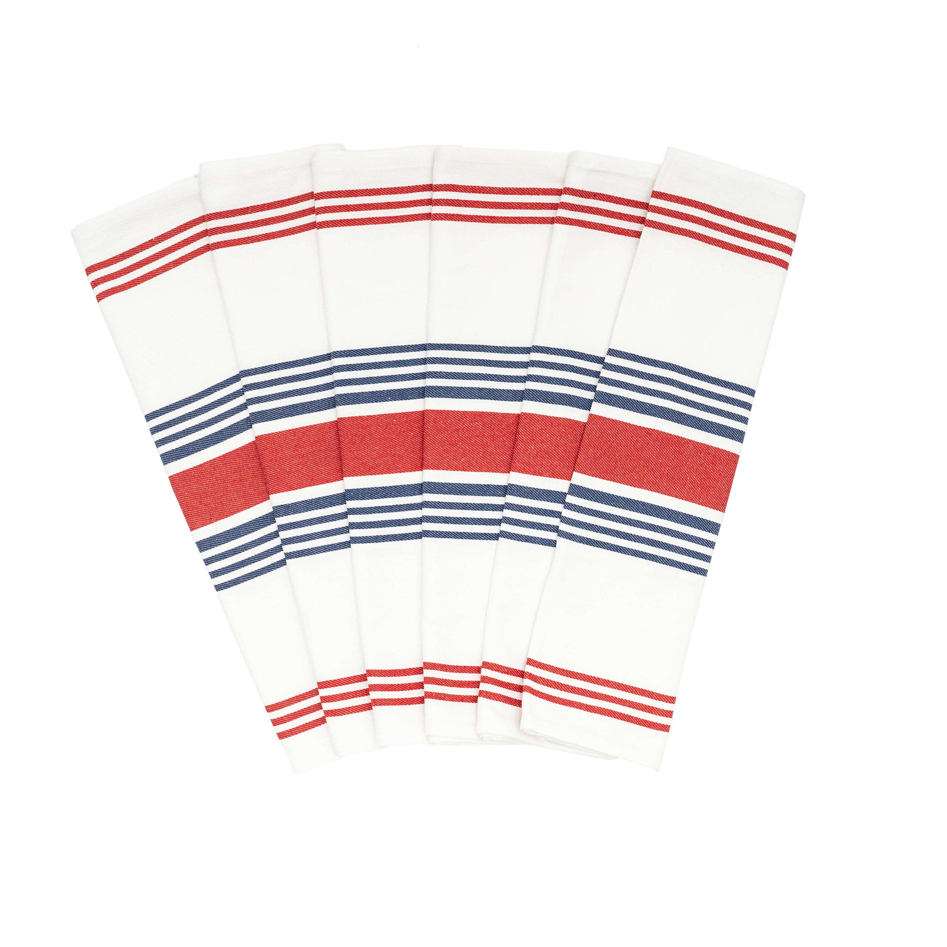 Set of six striped napkins with red and blue stripes on a white background