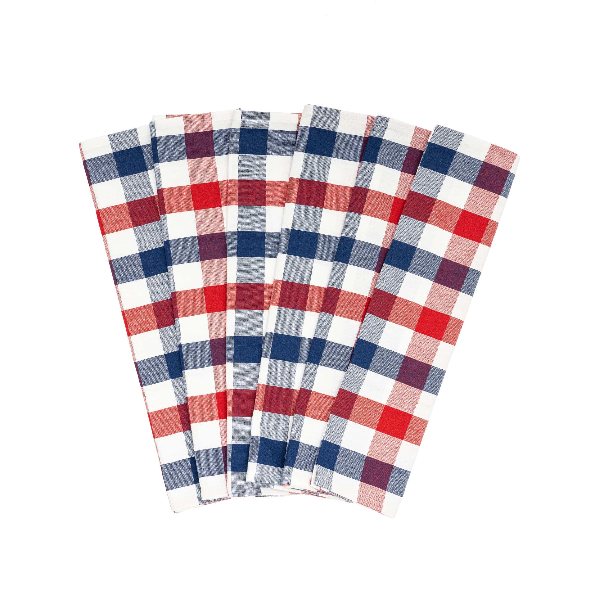 Set of six red, white, and blue checkered napkins on a white background