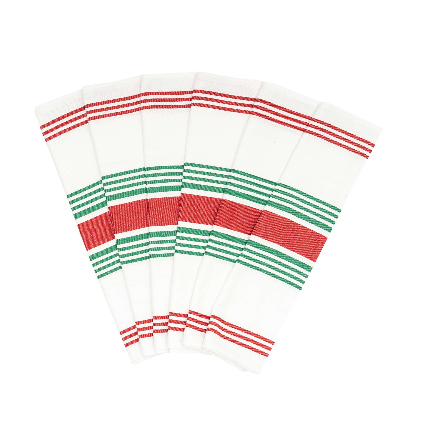 Set of white napkins with red and green stripes on a white background
