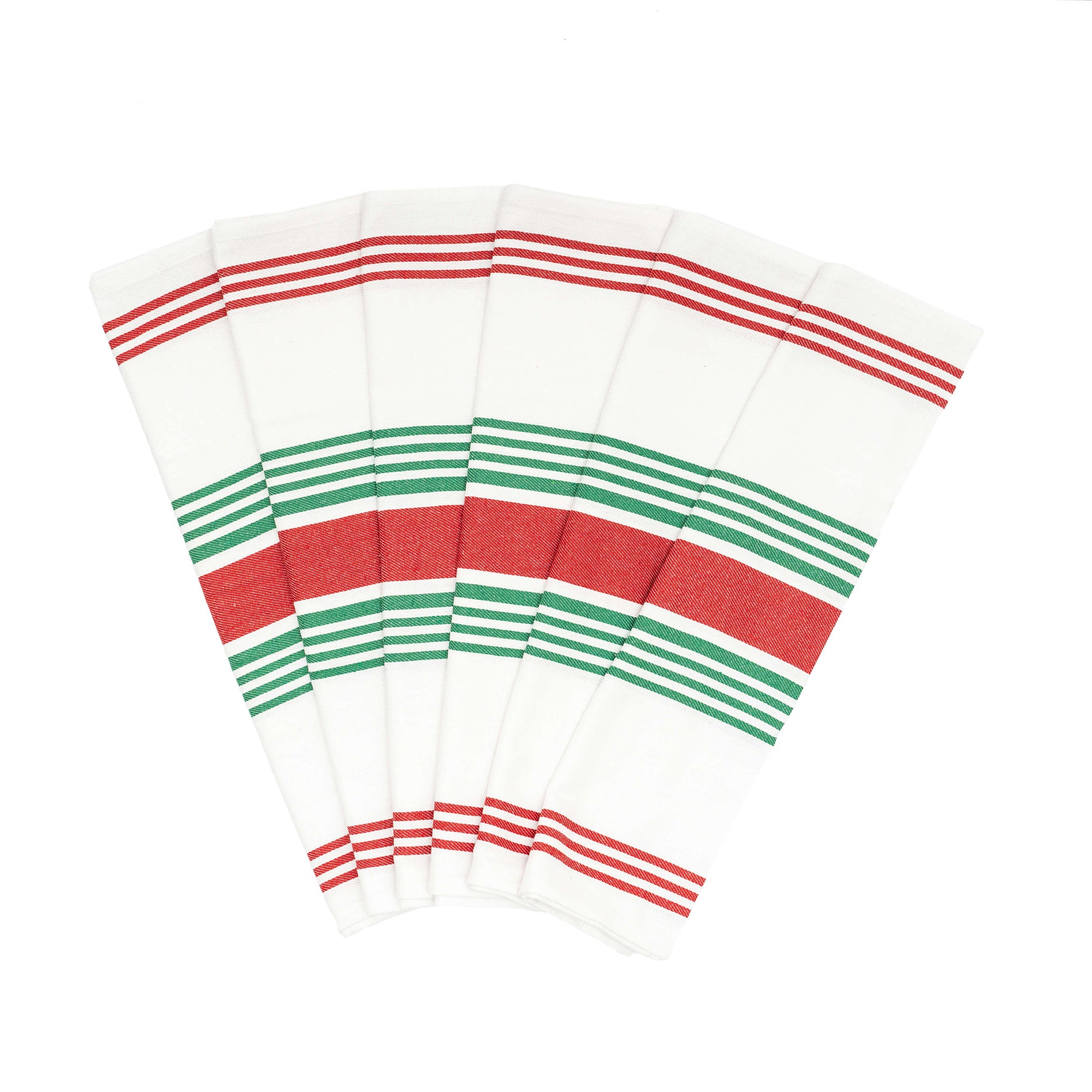 Set of white napkins with red and green stripes on a white background