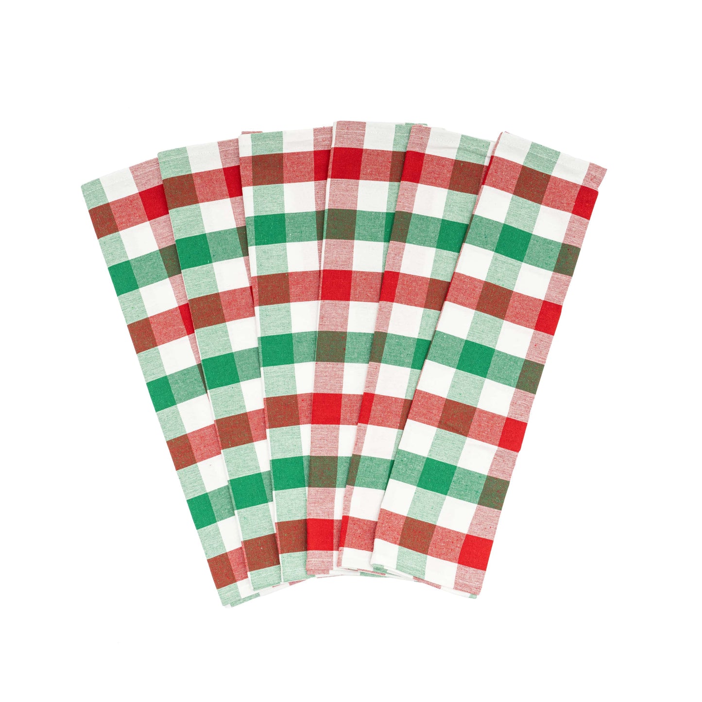 Set of six red, green, and white checkered napkins on a white background