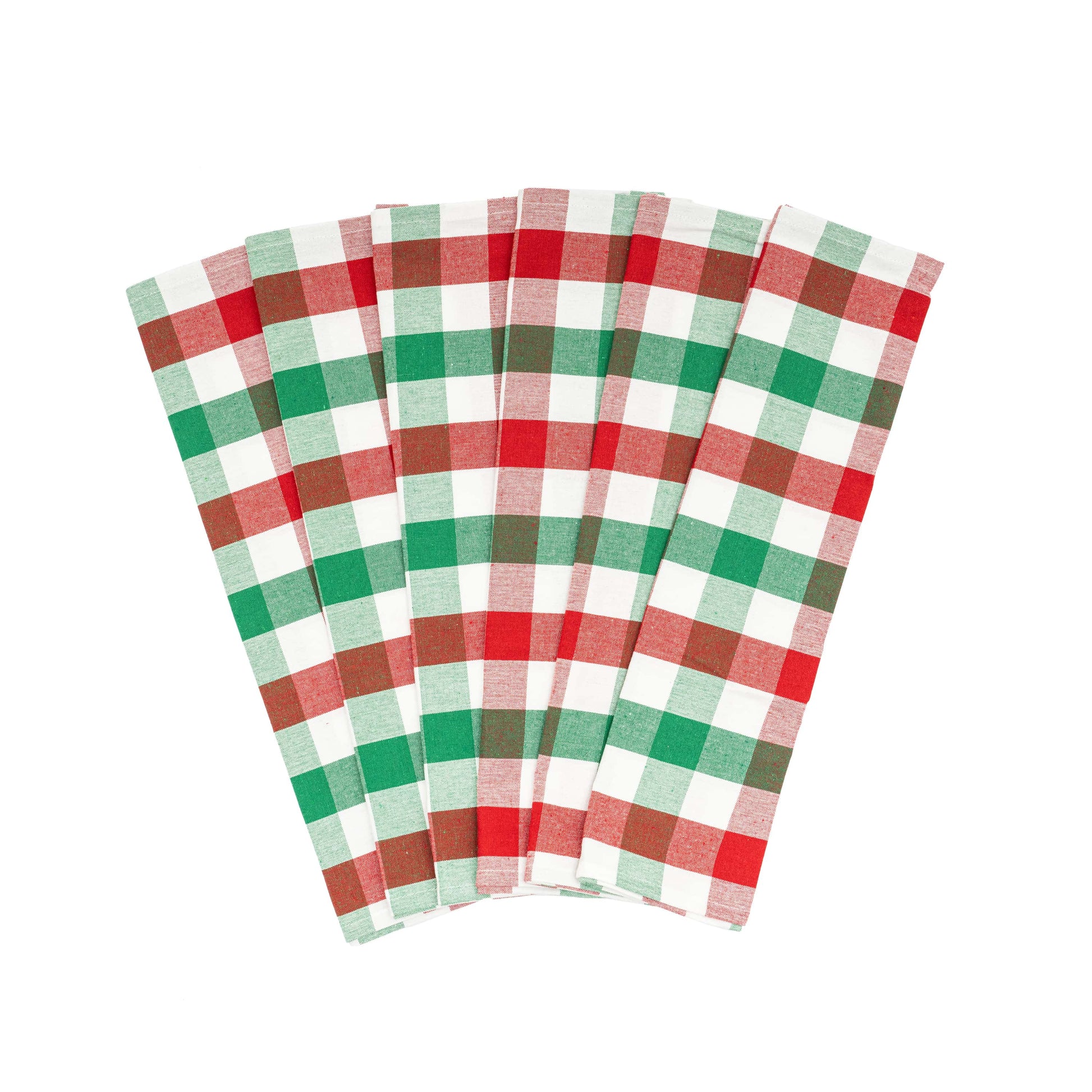 Set of six red, green, and white checkered napkins on a white background