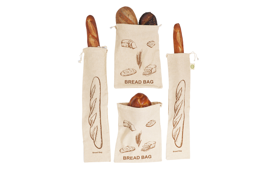 Four bread bags with bread illustrations on a white background
