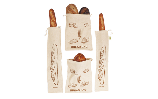 Four bread bags with bread illustrations on a white background
