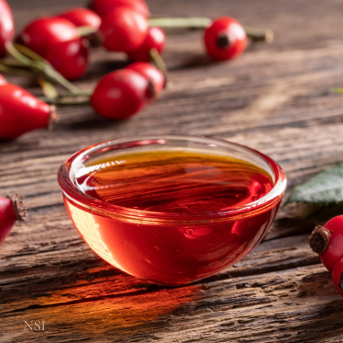 Rosehip oil in a glass bowl with rosehips on a wooden surface