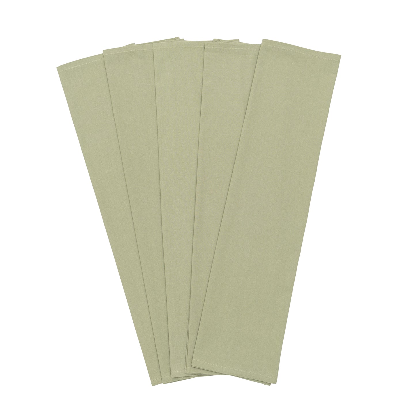 Five sage green napkins stacked on a white background
