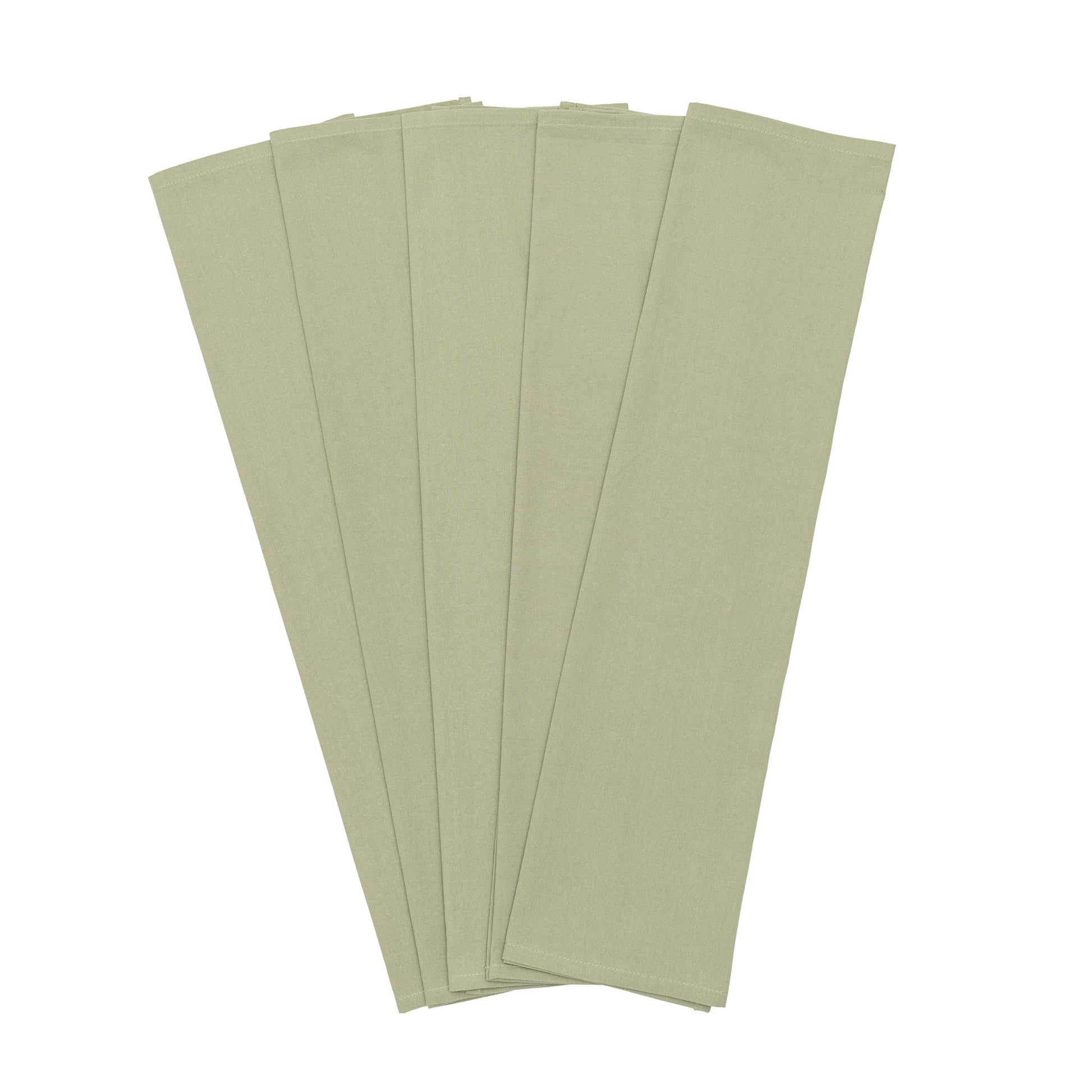Five sage green napkins stacked on a white background