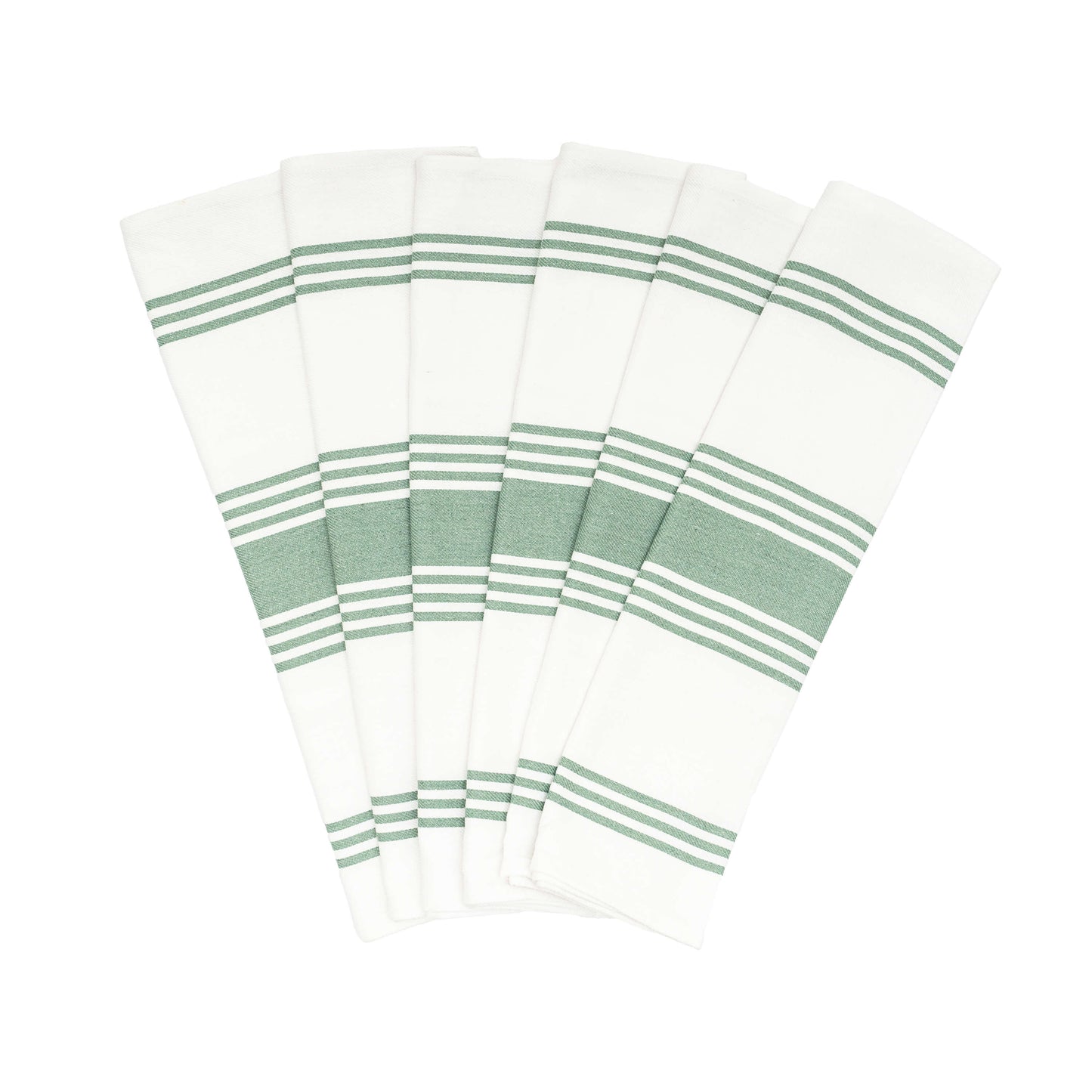 Set of white towels with green stripes on a white background