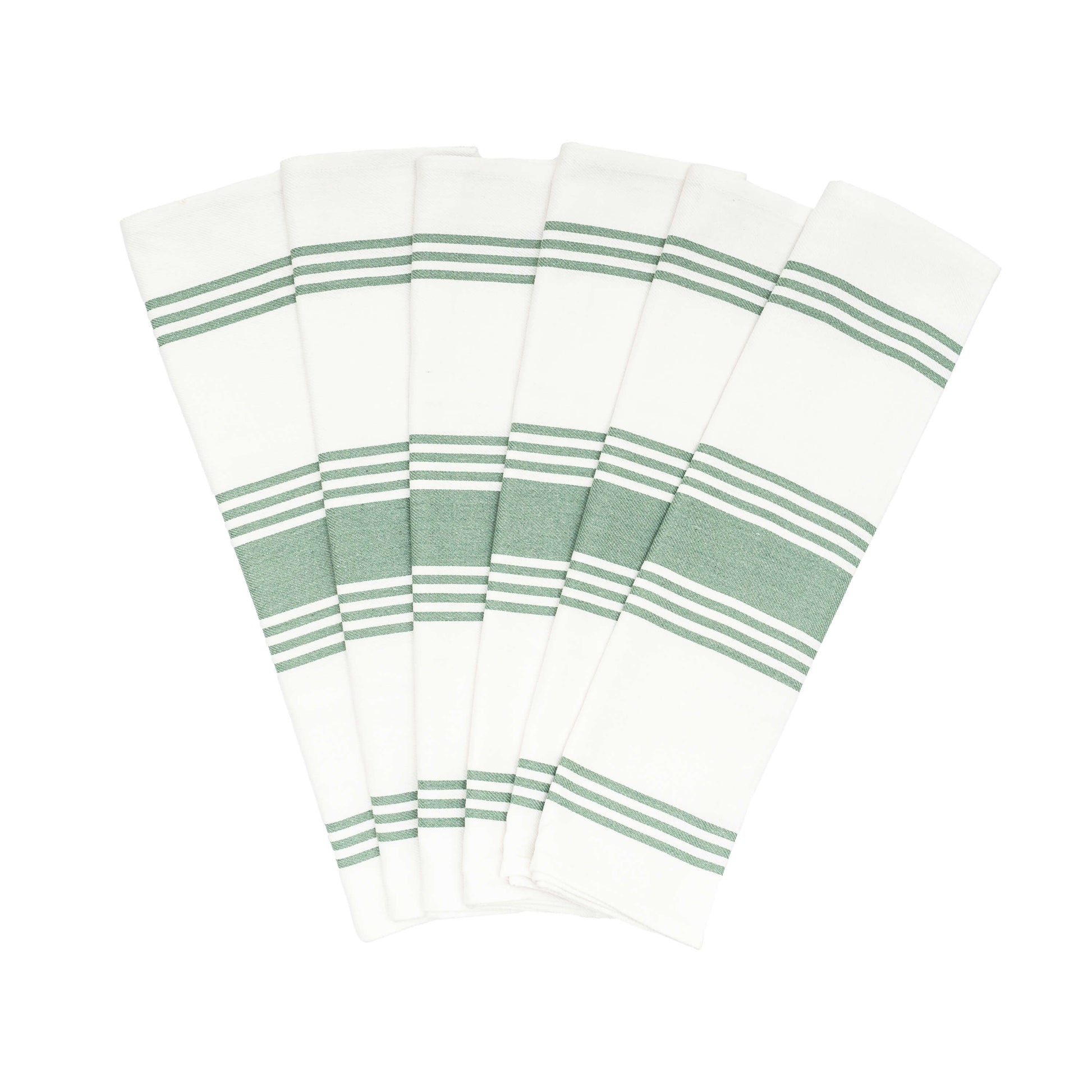 Set of white towels with green stripes on a white background