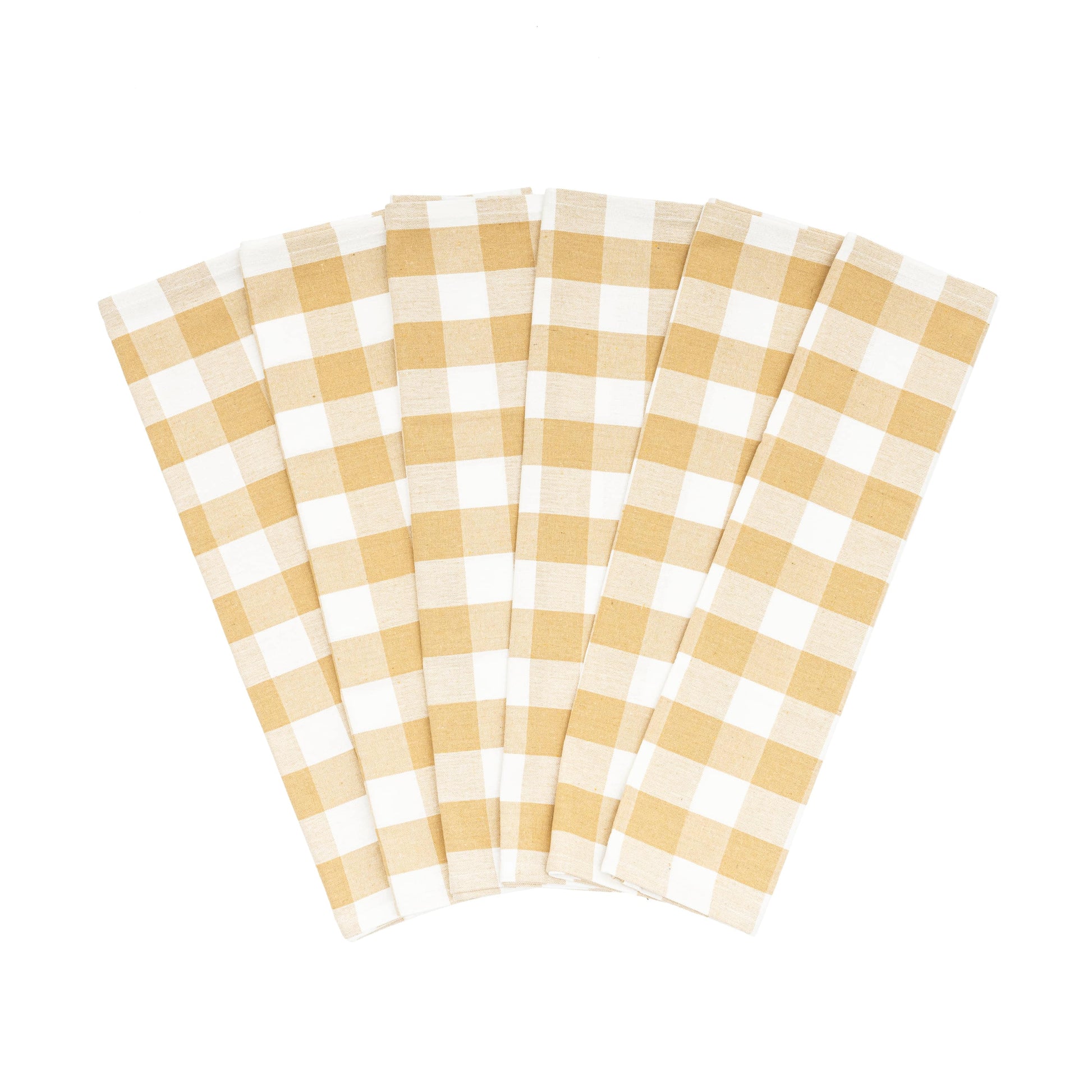 Set of six taupe and white checkered napkins on a white background