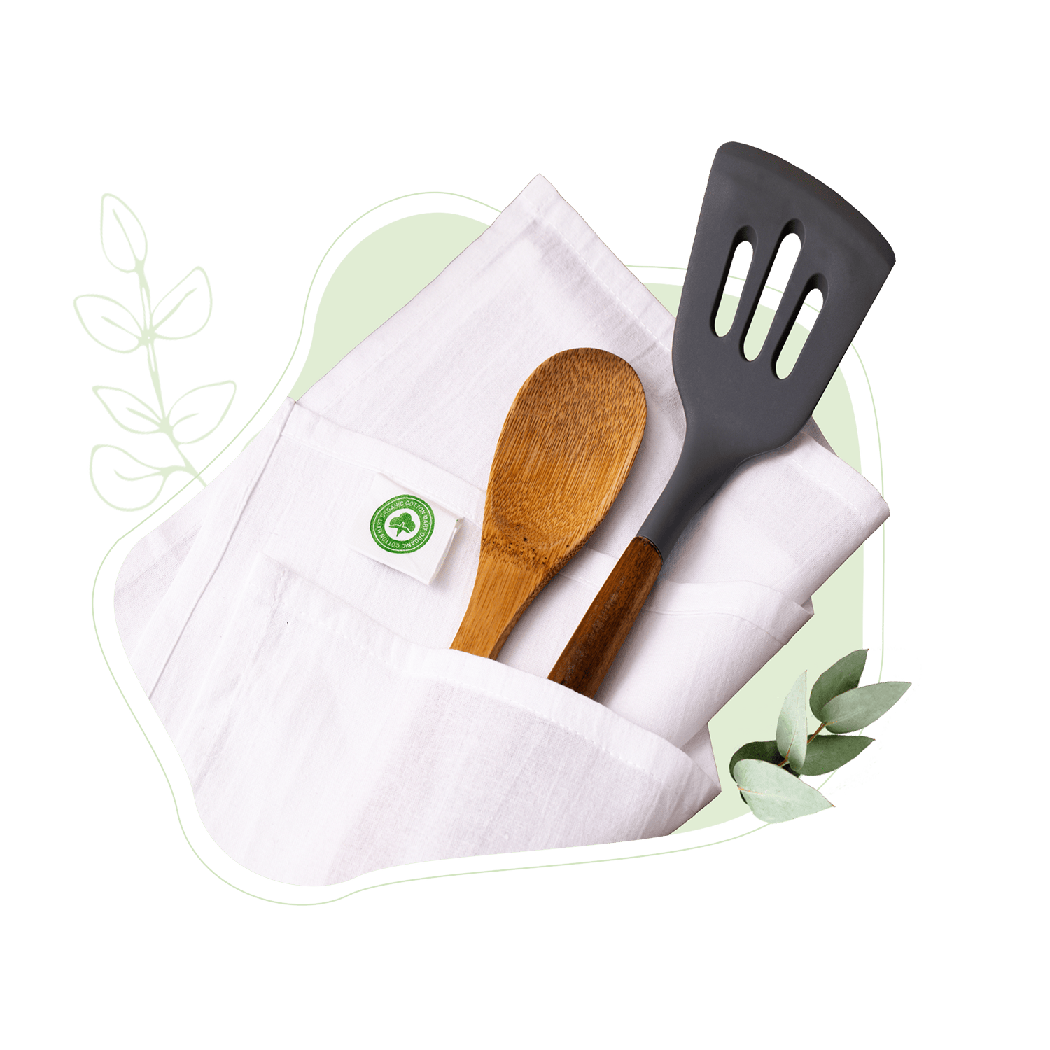 Kitchen utensils including a wooden spoon and black spatula on a white towel with a green background.
