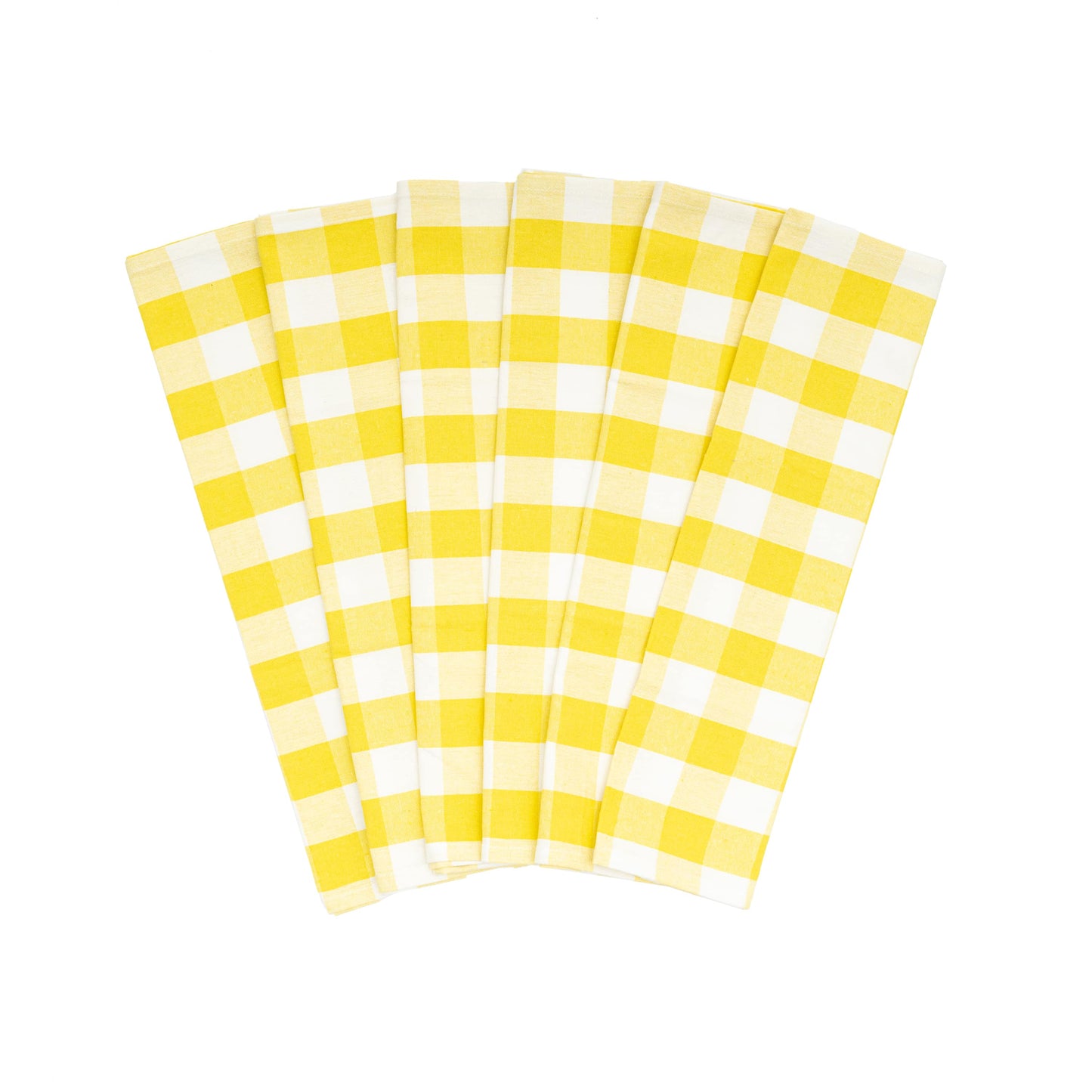 Six yellow and white checkered napkins on a white background